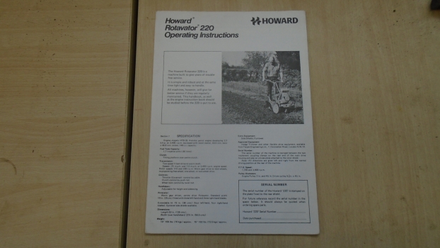 Howard 220 Rotavator Operating Instructions & Parts List A3 Diagram 